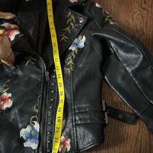 Floral Embroidered Black Leather Jacket